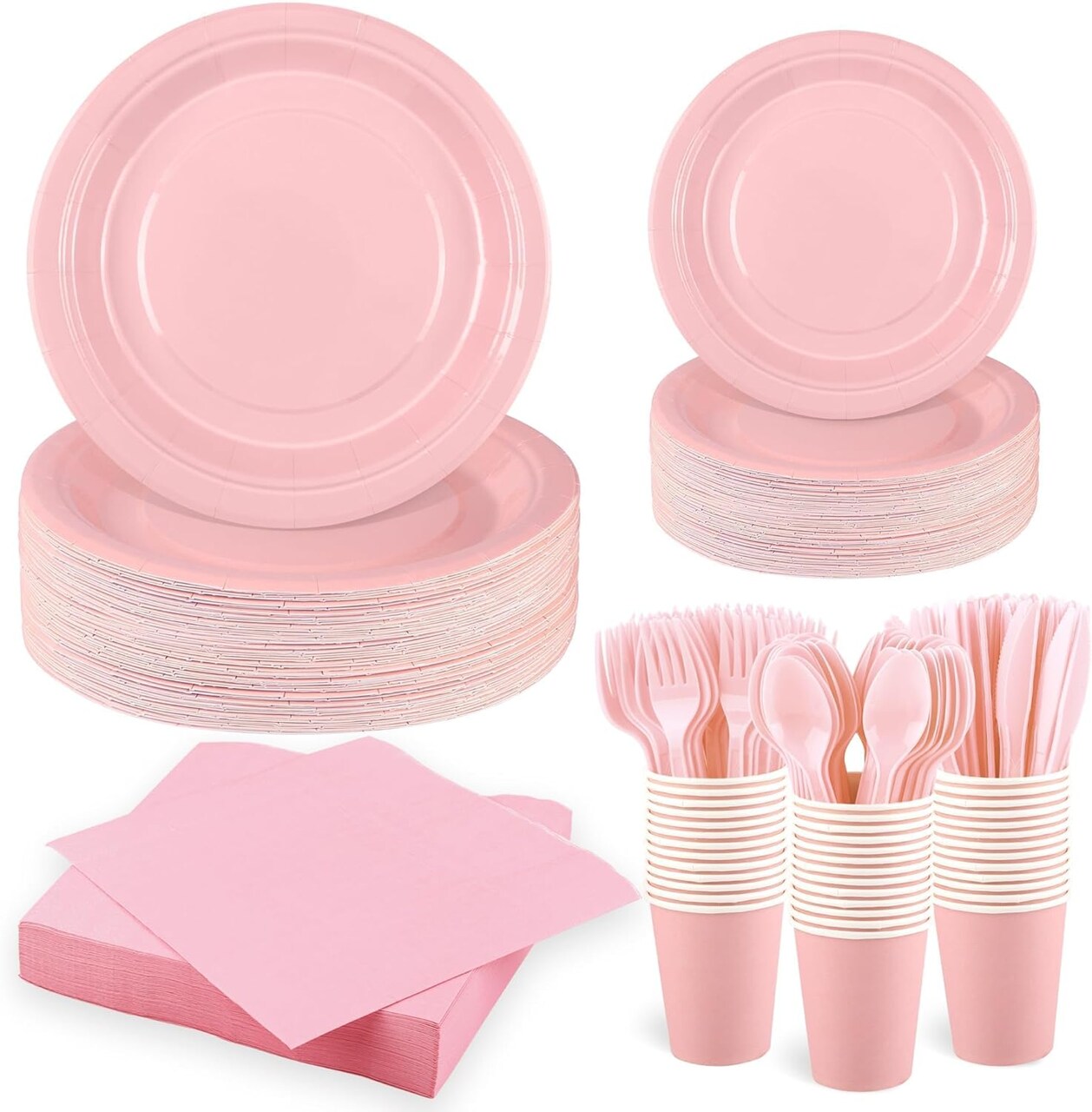 350 Pieces Pink Paper Dinnerware Set 7 Inch 9 Inch Disposable Dinner Plates Sever 50 Guests Paper Cup Cutlery Napkins Solid Color Party Supplies